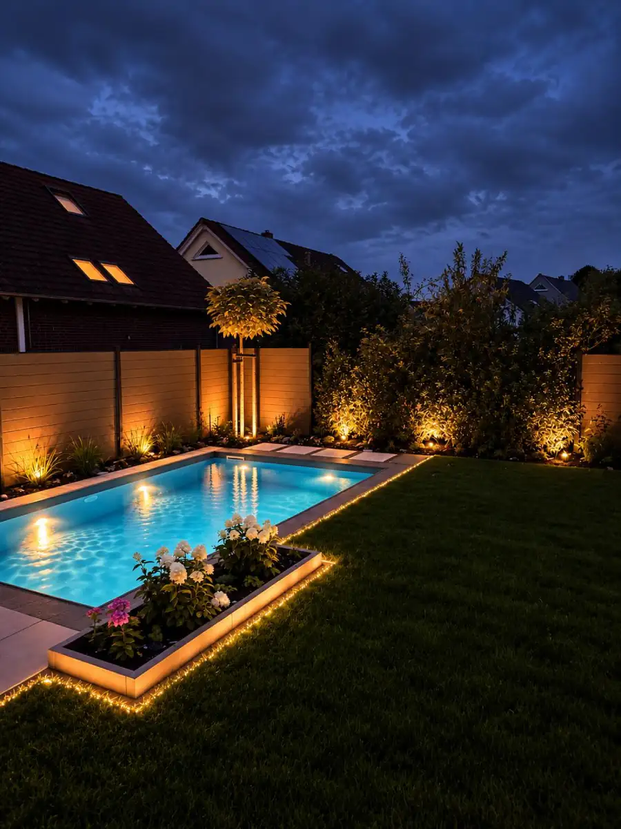 Beleuchteter Pool mit Rasen, Beeten und Gartenbeleuchtung im fertig gestalteten Garten in Hannover